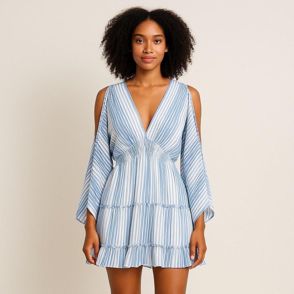 MISA Los Angeles Blue & White Striped Smocked Mini Dress with Ruffle Hem